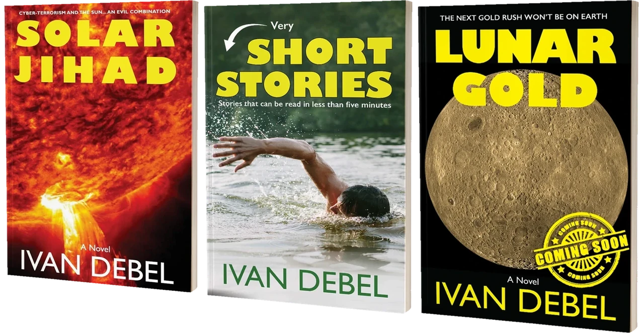 Covers of Solar Jihad, Very Short Stories and Lunar Gold (coming soon)